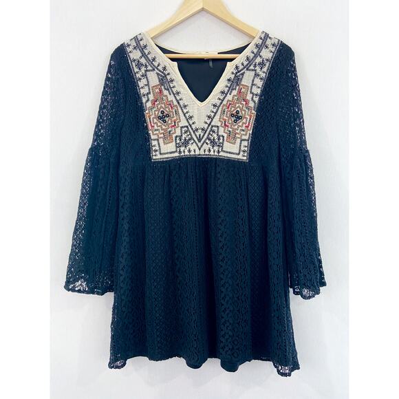 Entro Boho Black Lace Embroidered Tunic Top Large Bohemian Indie Bell Sleeve - Picture 1 of 6